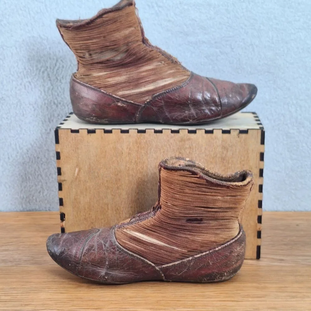 Antique Victorian Baby Boots High-Top Button Brown Leather Textile Pair Vintage